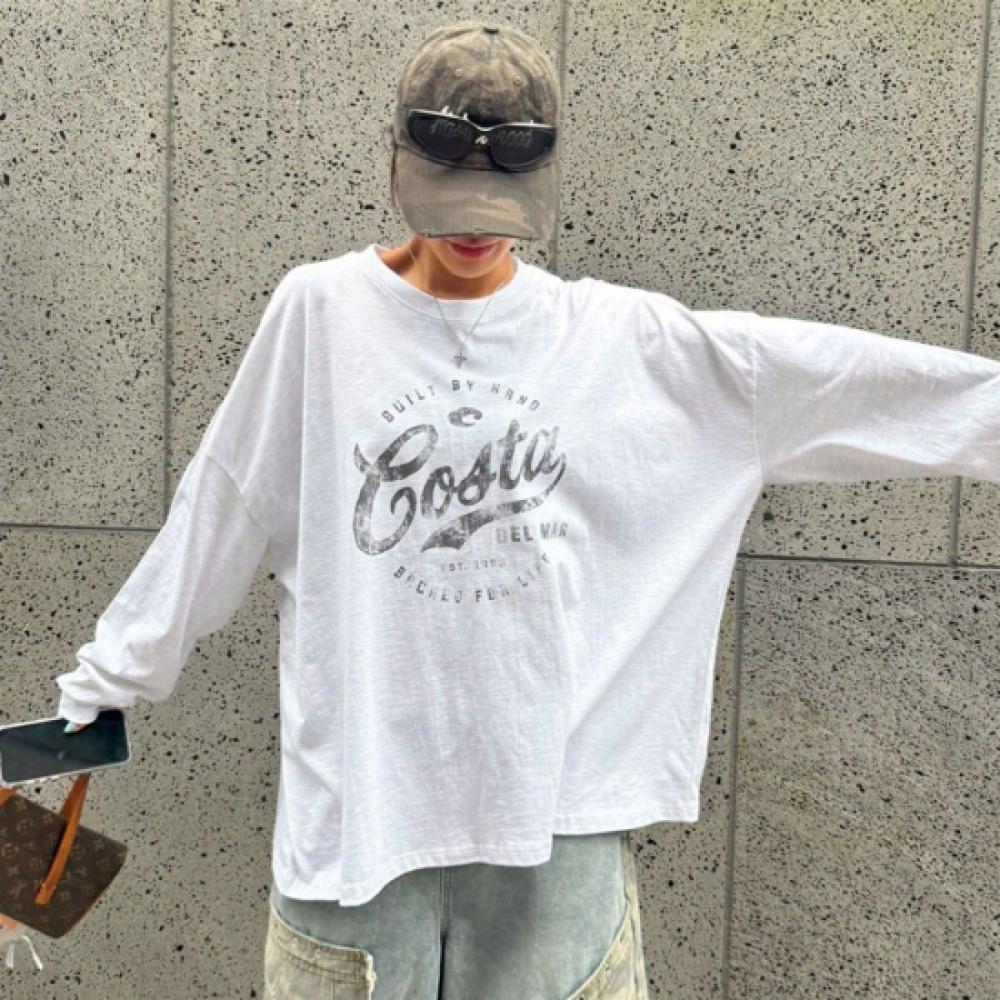 New Arrivals Open Run Women Hip Cover Printed Oversized Long Sleeve Tee