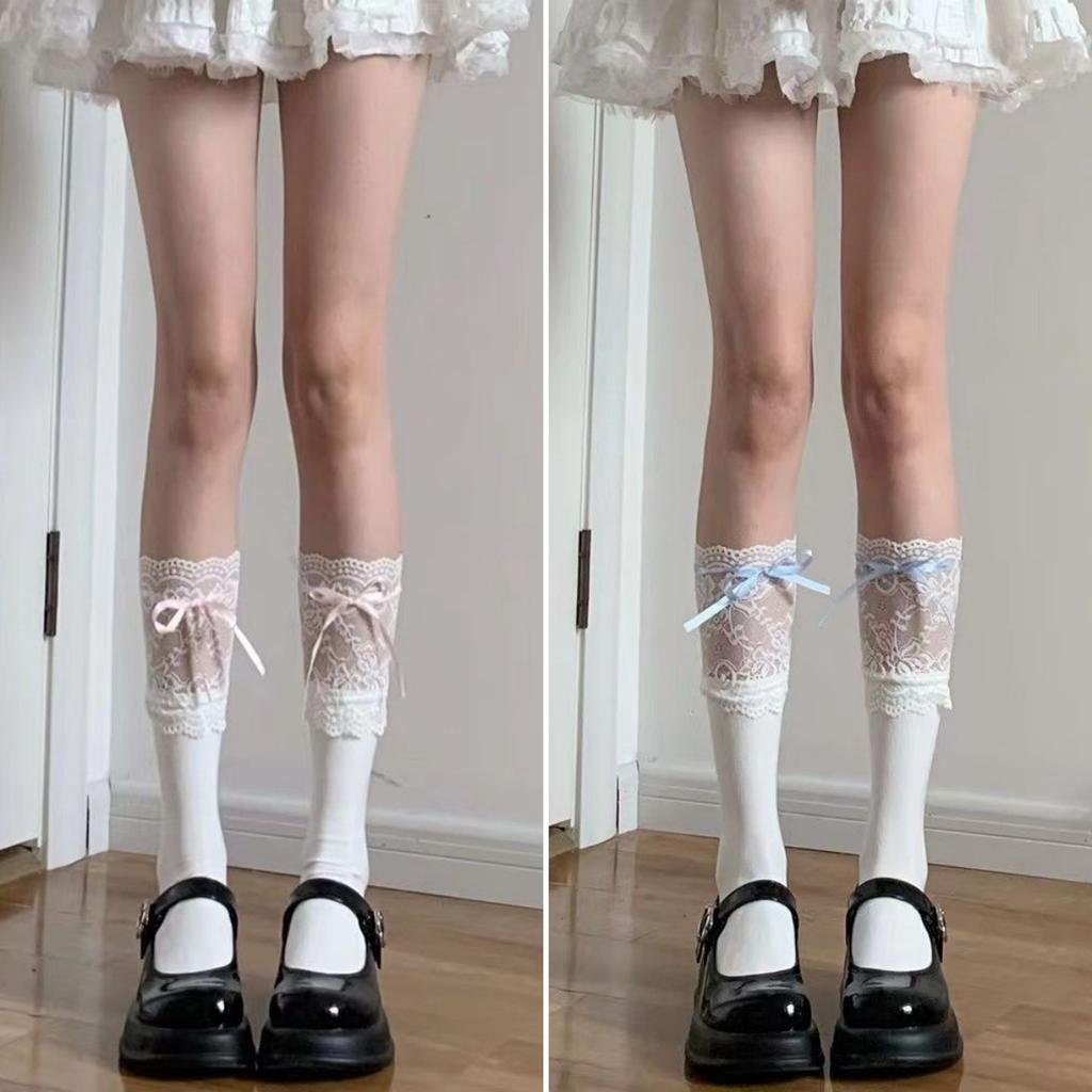 Lolita Lace Knee Socks White Women'S Ribbon Bow Medium Stockings Jk Autumn Thin Calf Socks