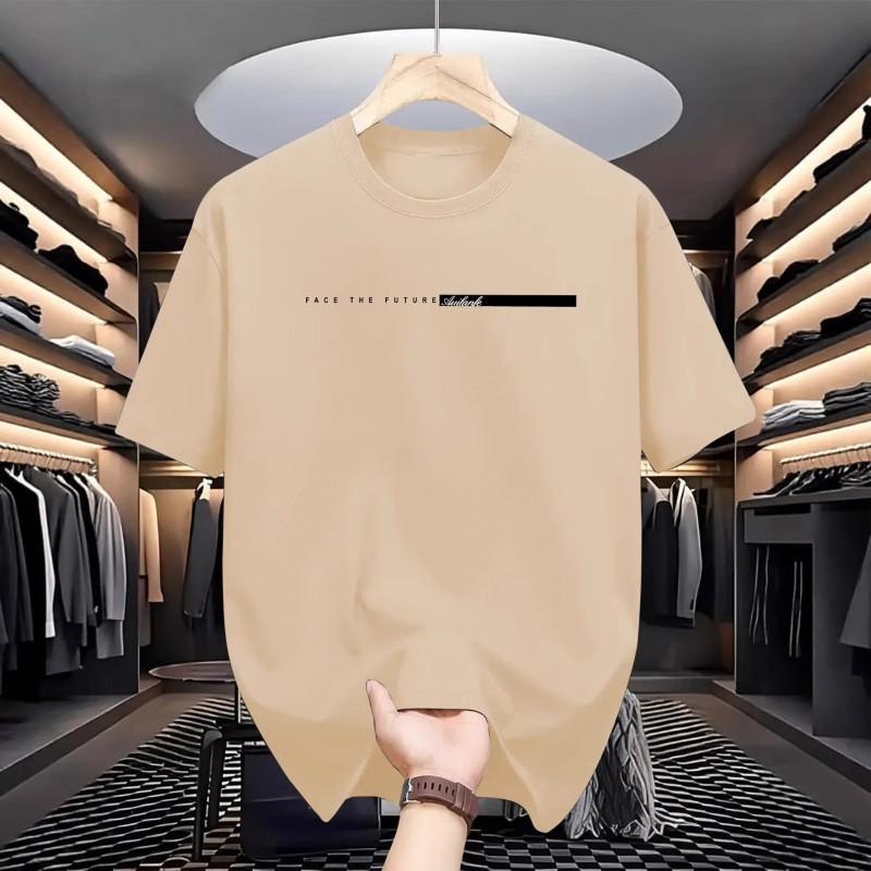 Mens Casual Short Sleeve Round Neck T-Shirt With Letter Print Loose Fit Cotton Tee