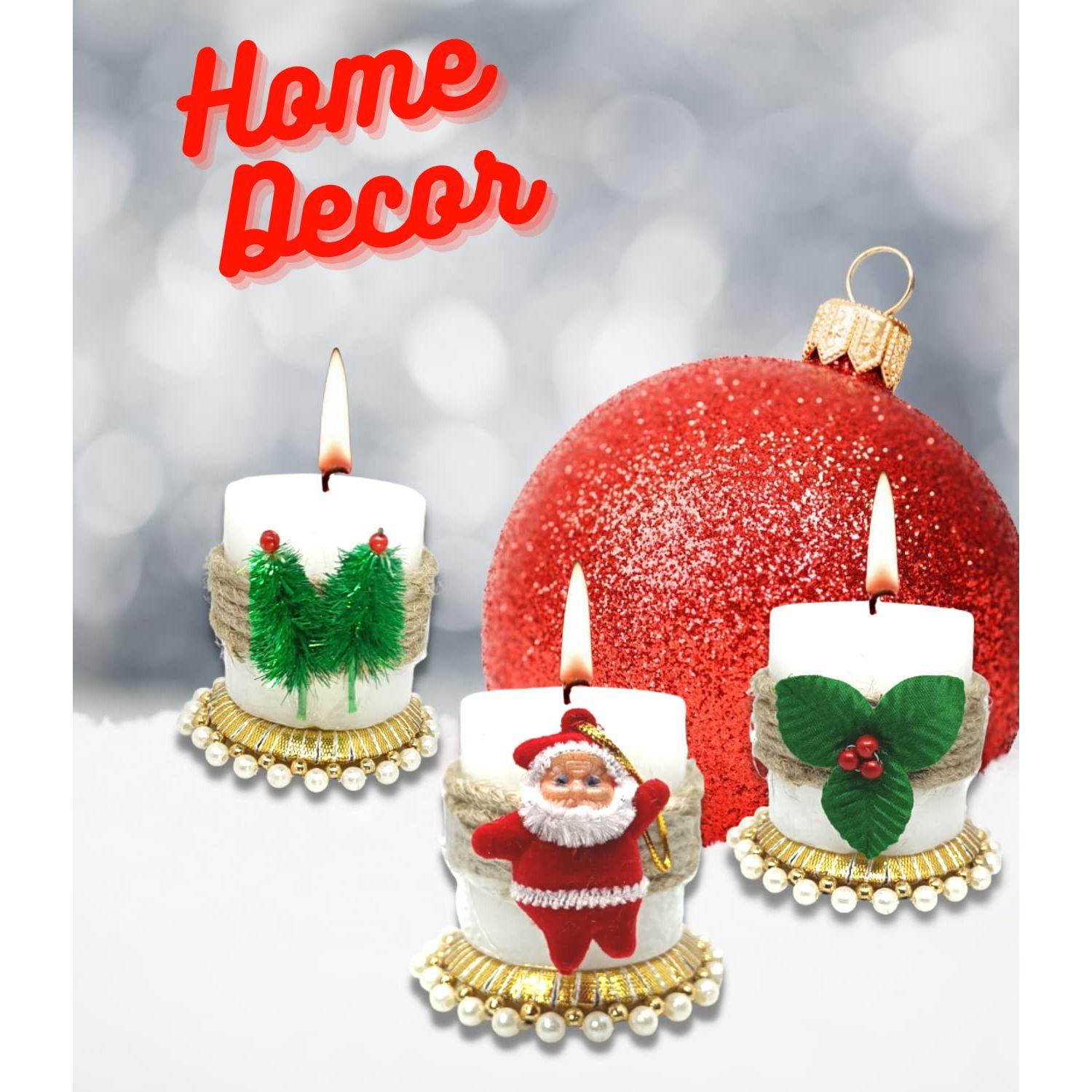 

Decorative Candles White Wax Pillar Design Round Merry Christmas Candles with Decoration Items for Xmas Santa Candles