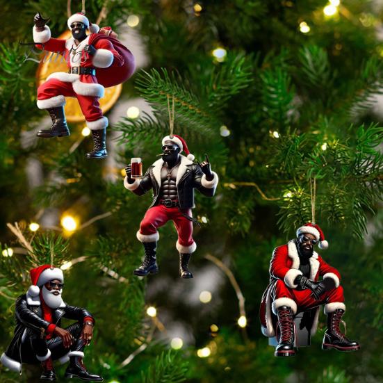4Pcs Santa Claus Christmas Ornament 2D Acrylic Car Accessory Xmas Tree Hanging Decoration for Holiday Decor