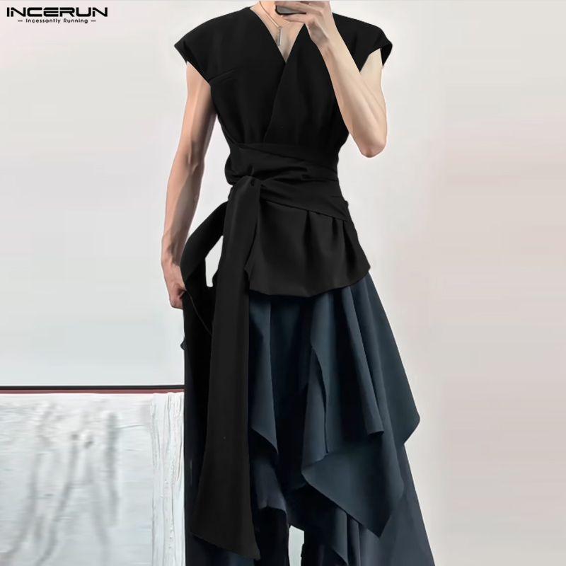 INCERUN Men Sleeveless Lapel Button Up Belt Ruffled Loose Casual Long Waistcoats