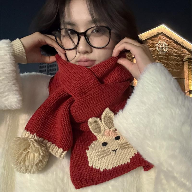 Japanese style Cartoon Cute Rabbit Knitted Woolen Scarf for Women in Autumn and Winter Korean Style Versatile and Warm Faux Cashmere Scarf Trend