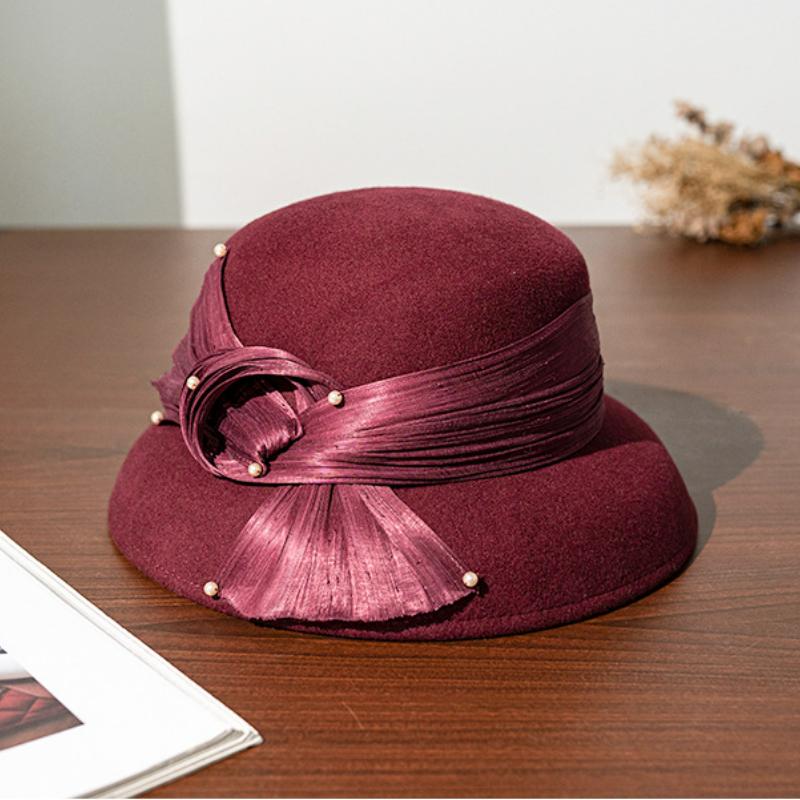 2025 Nuovi Cappelli Formali Invernali Puro 100% Feltro di Lana Cappello Fedora Rosso Vino Madreperla Lana Regalo Dama Grado Superiore Banchetto Nuziale