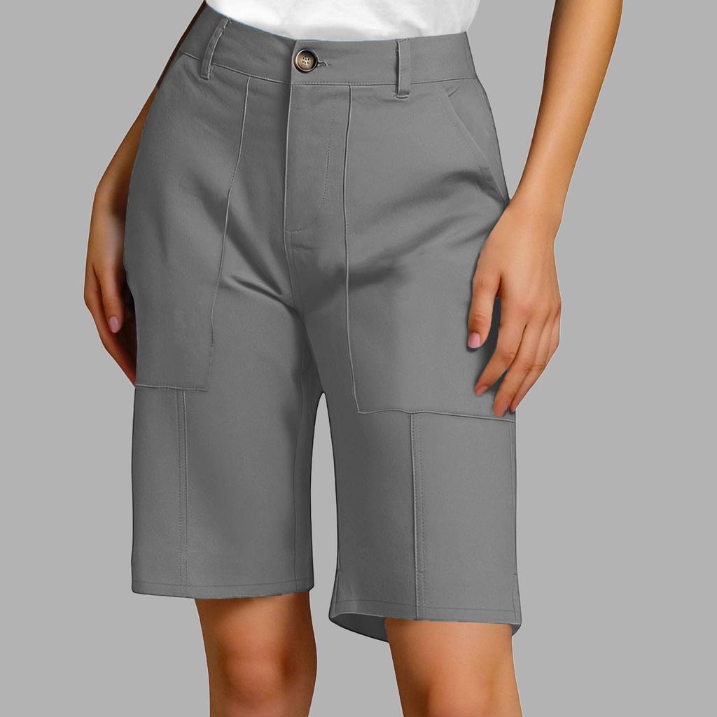 Women's Summer Casual Fashionable Loose And Comfortable Knee High Waisted Elastic Band Pocket Shorts