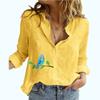 Women Fashion Print Shirt Female Casual Cotton Linen Long Sleeve Top Plus Size Loose Button-down Blouses