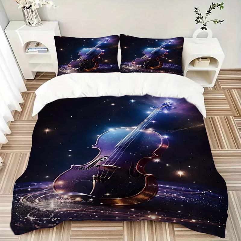 3pcs Anime Cartoon Design Violin Musical Instrument Bedding Set, Includes One Quilt Cover and Two Pillowcases (No Core), Perfect for Home Decor