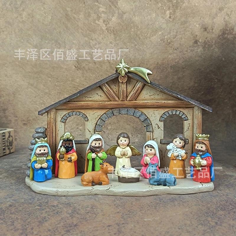 Christmas Nativity Manger Scene Resin Figurine Rustic Carved Wood Table Centerpiece Home Mantel Decor For Families Holiday Gift