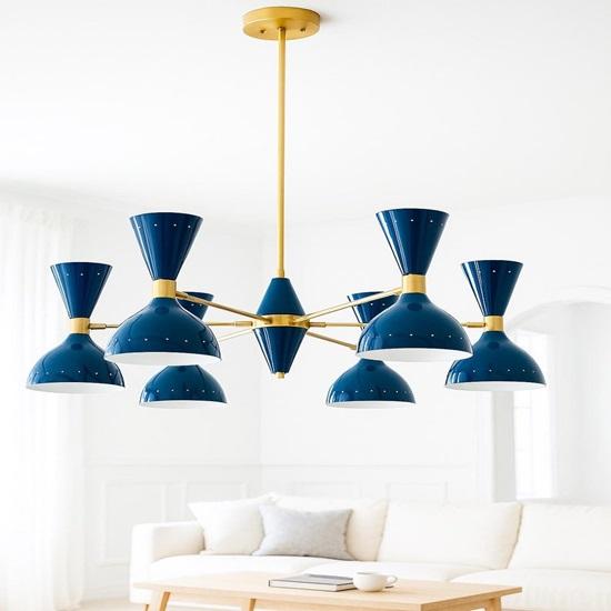 Blue Cone Chandelier Mid Century Modern Italian Style Ceiling Lamp  6 Cones