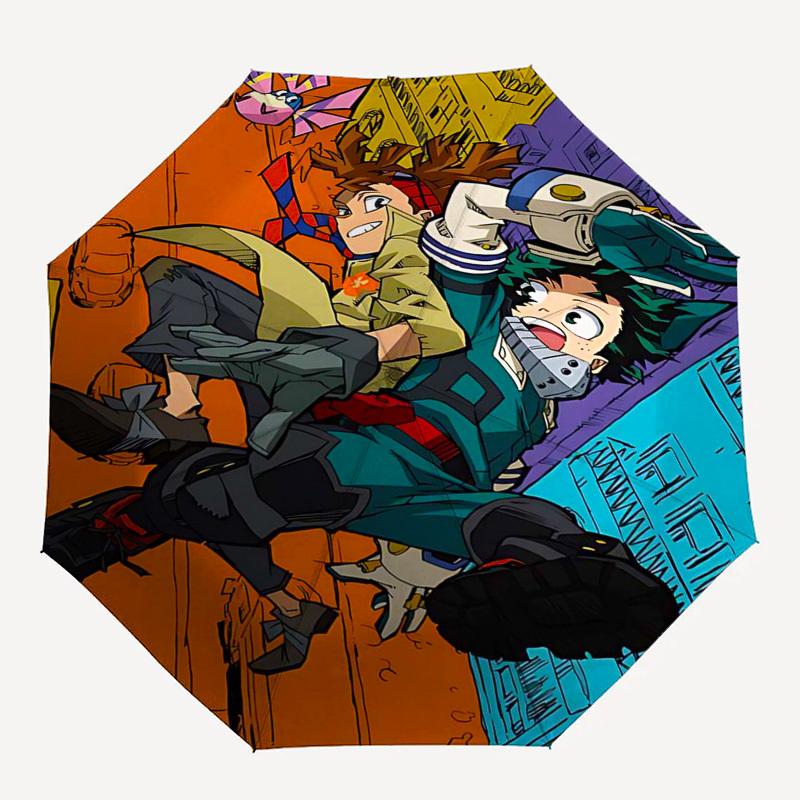 1pc My Hero Academia Izuku Midoriya & Katsuki Bakugo Automatic Folding Umbrella, Portable 3-Fold Design with 8-Bone Iron Frame, Outdoor for Fans, Trav