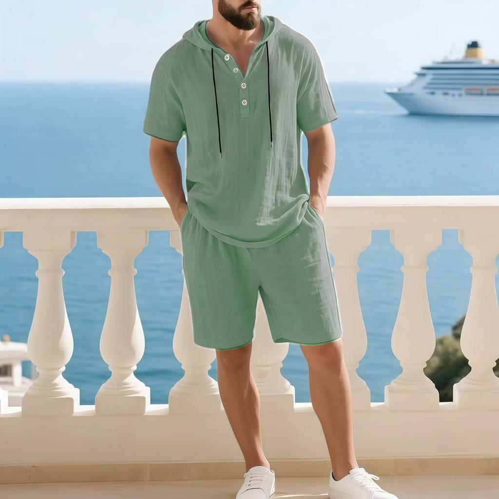 Set Casual Due Pezzi da Uomo a Manica Corta con Cappuccio e Pantaloncini a Colore Solido