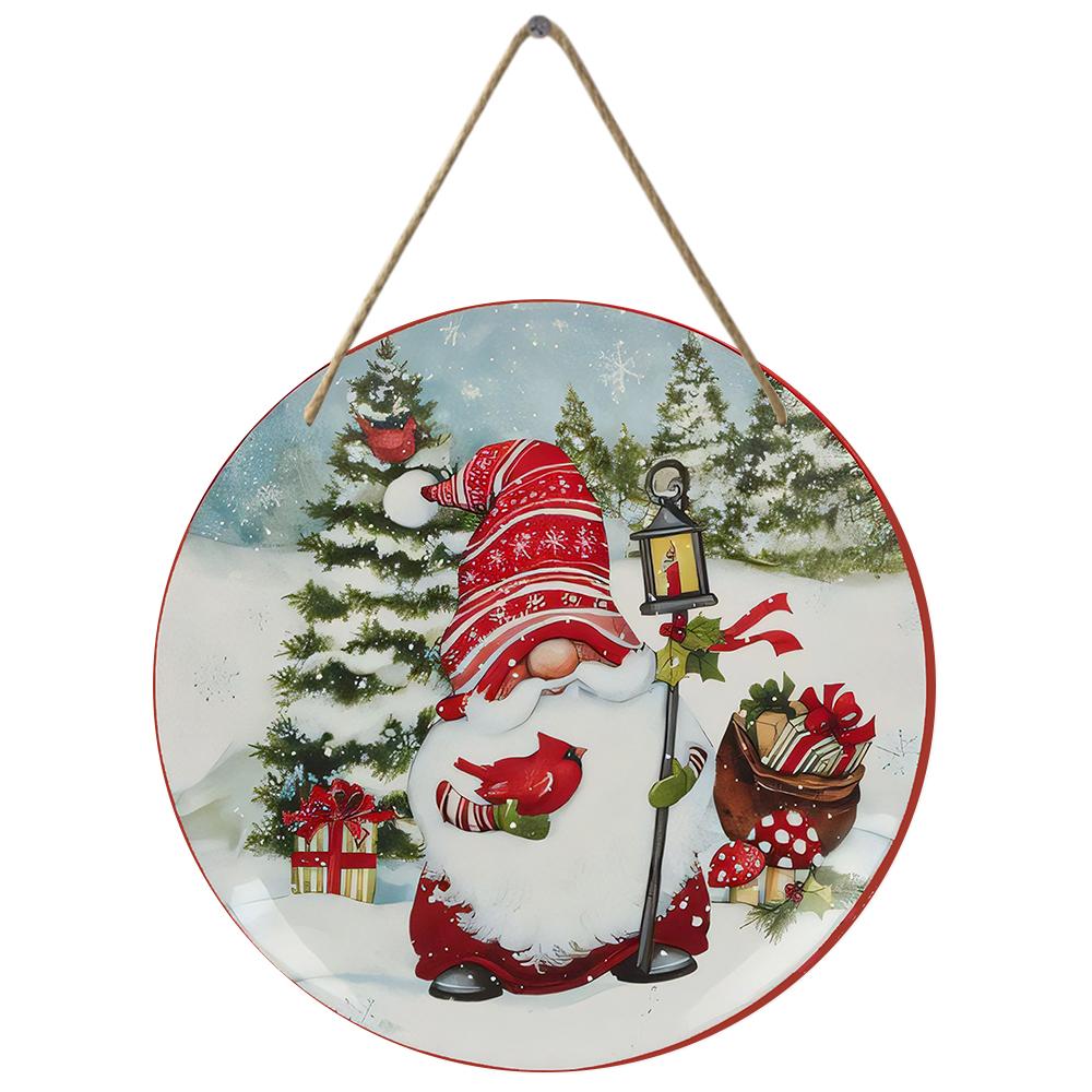 Festlig julnisse med kardinalfåglar Scen Rund Trä Hängande Plakett Vinterhögtid Väggkonst Dekoration Säsongsbetonad Inomhus Hängande Skylt Prydnad