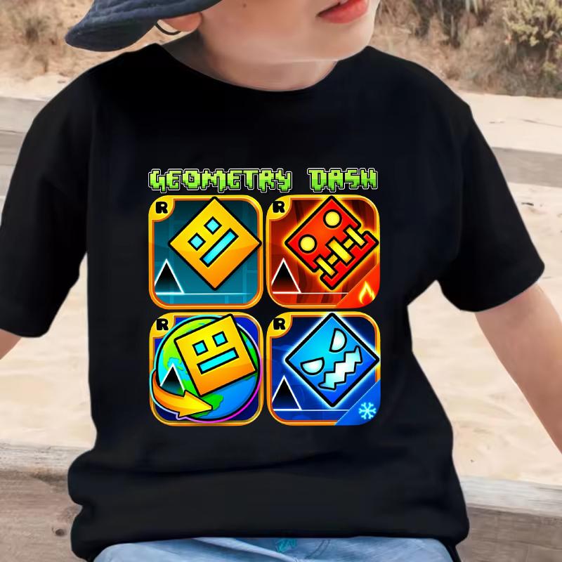 Geometry Dash Cartoon Print Kids Tshirt Childrens Clothing Summer Casual Crew Neck Short Sleeve Tee Girls Clothes Boys Tops