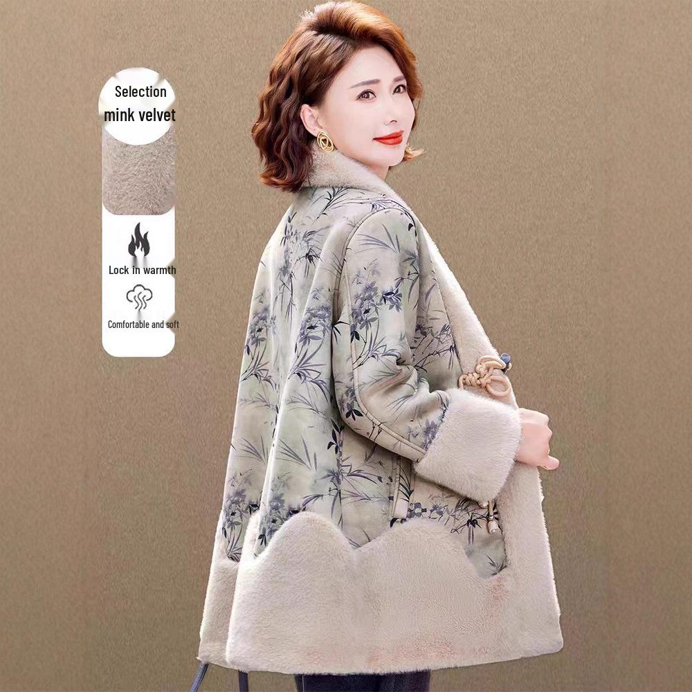 

Мамино зимнее пальто средней длины из норкового флиса: Теплая, толстая меховая шуба для женщин среднего и пожилого возраста - национальный стиль, идеально подходит для Нового года. L (suggested for 90-110 lbs) хаки