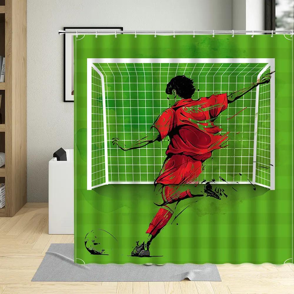 Football Sports Design Shower Curtain, Polyester Fabric, Waterproof, Boys Home Decor, Screens with Hooks, Cartoons Bathroom