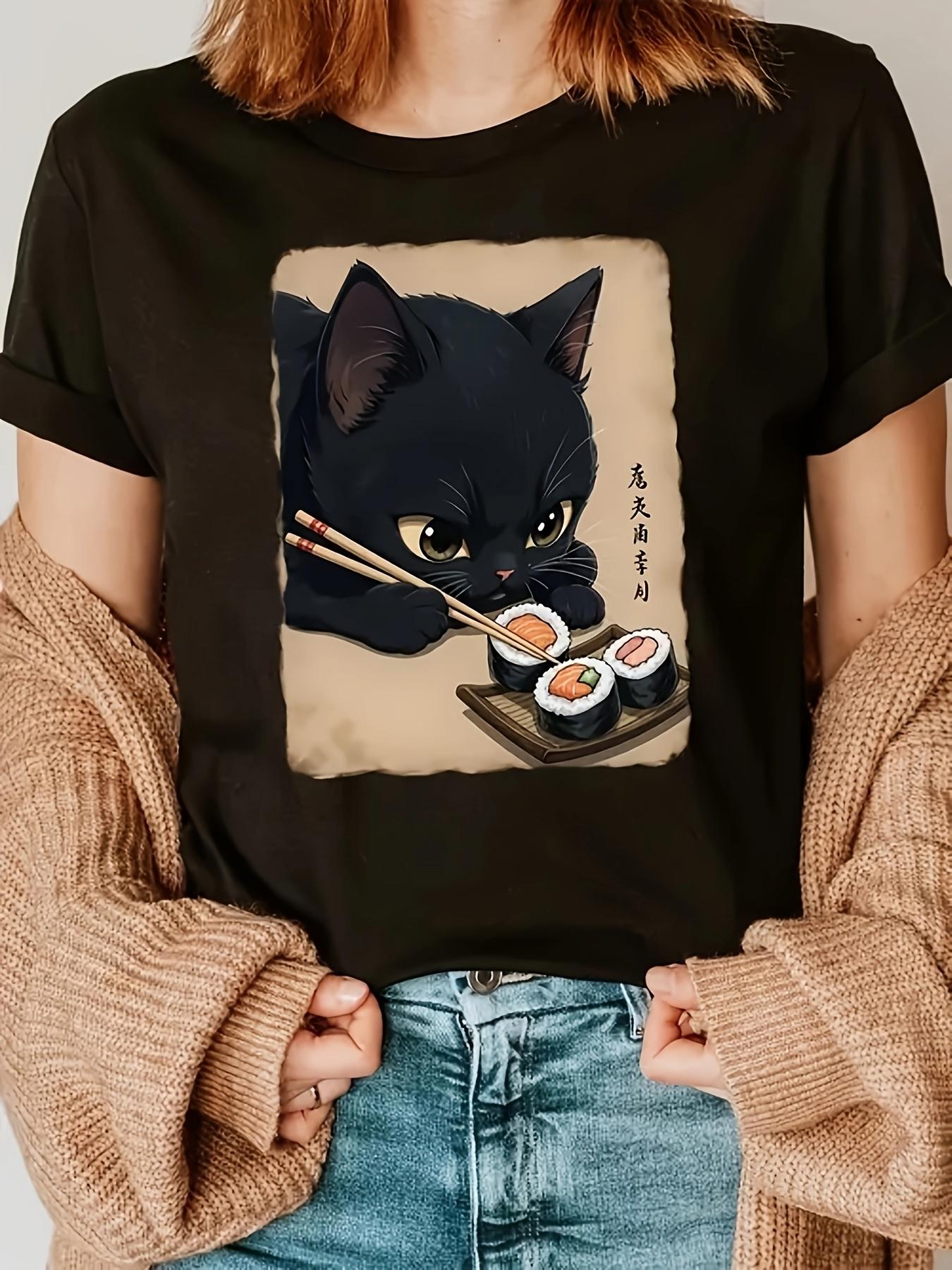 Cat and Sushi Graphic TShirt WomenS Polyester Graphic TShirt Casual Crew Neck with Short Sleeves with Cat and Sushi Print M