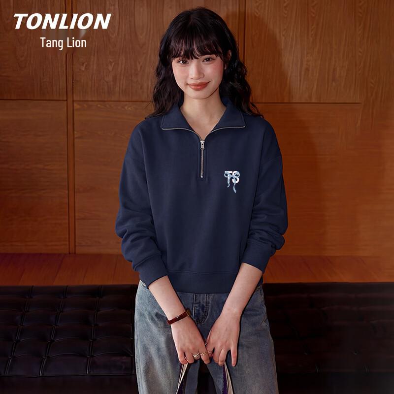TonLion Women s Polo Collar Drop Shoulder Graphic Sweatshirt L