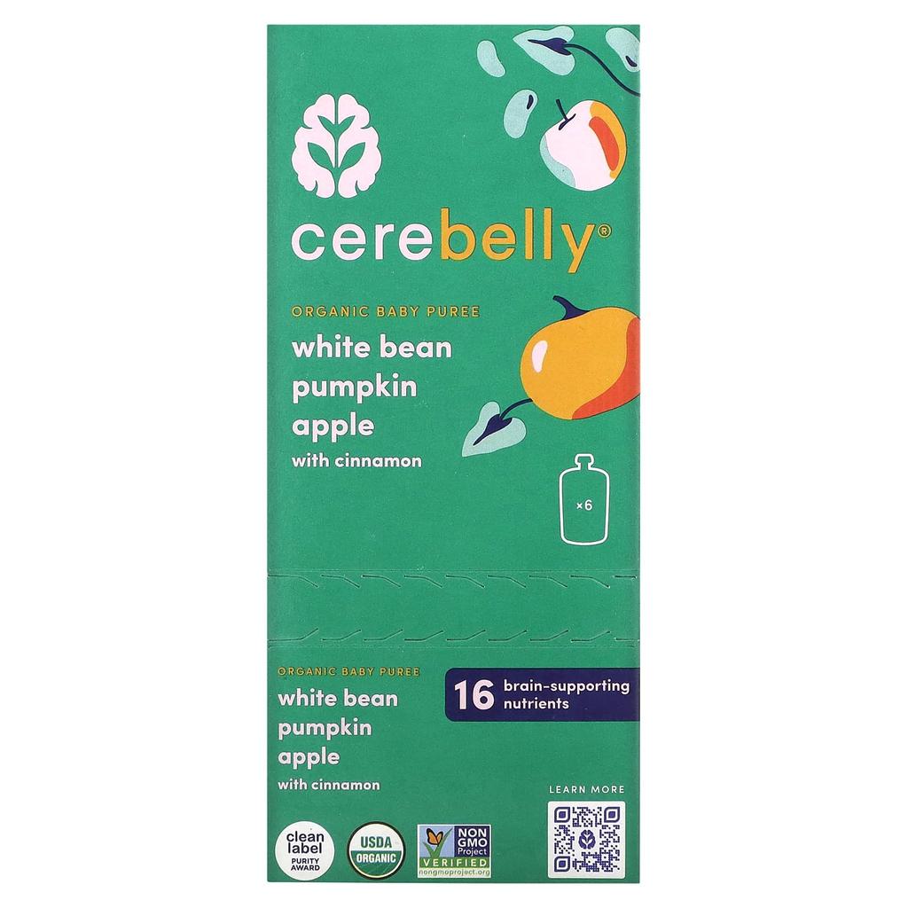Cerebelly Organic Baby Puree, White Beans, Pumpkin, Apples with Cinnamon, 6 Pouches, 4 Oz (113 G) Each