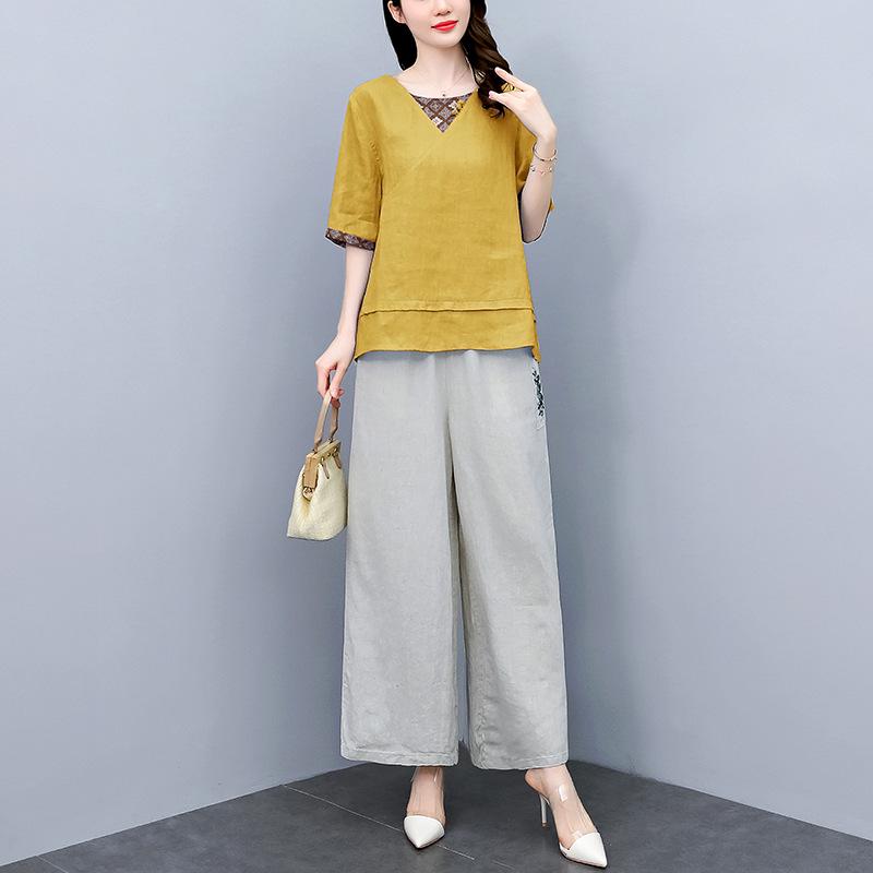 

Summer 2025 Women s Retro Chinese Style Linen Top and Wide-Leg Pants Set XXL жёлтый
