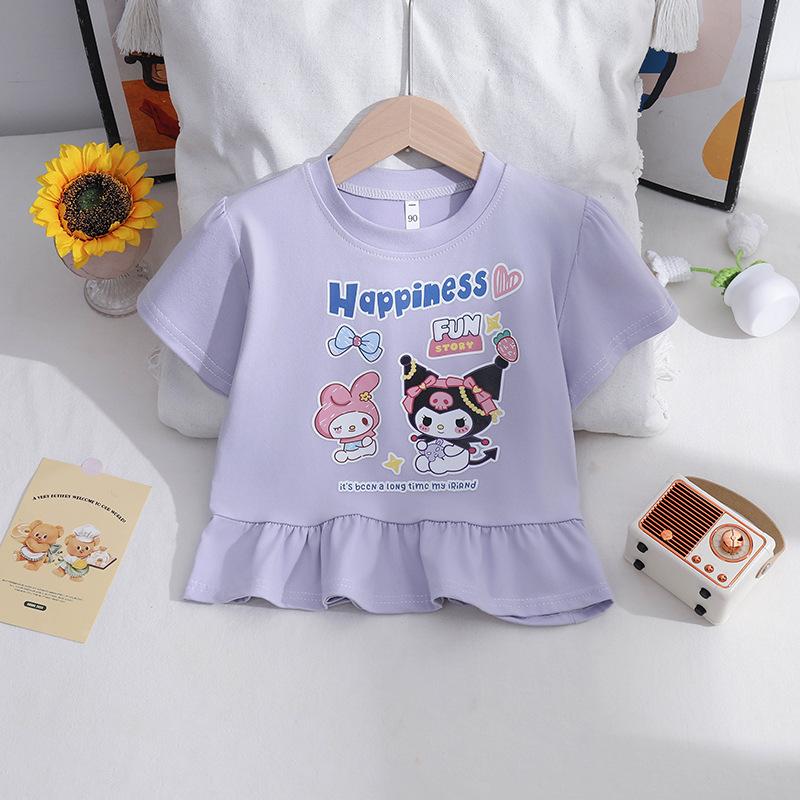 Summer Girls Cartoon Print Short Sleeve T Shirt Baby Chic Pleated Ruffle Top Fashionable Trendy Kids Clothing 90cm
