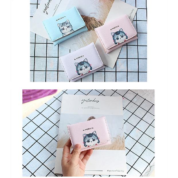 Kurze Brieftasche für Frauen, dreifach gefaltet, niedlicher Cartoon-Druck, Student, Kawaii-Katze, kleine Geldbörse, Leder, ID, Kreditkarteninhaber, Mädchen, Mini-Geldbörsen