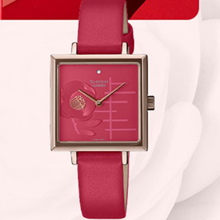 Casio SHEEN · Quartz Movement Leather Strap Watch Women's Watch Red Watch Dial SHE-C141CGL-4AUPFH-person