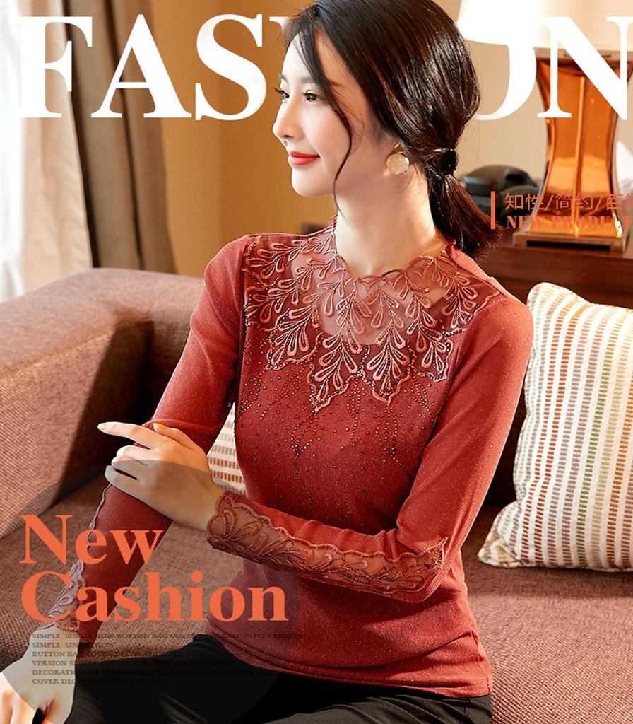Yuoku Round Neck Top with Black Lace Floral Mesh and Long Slim Perfect for Everyday Ballroom Modern Practice Dance Lesson Latin Dance Costume Women's