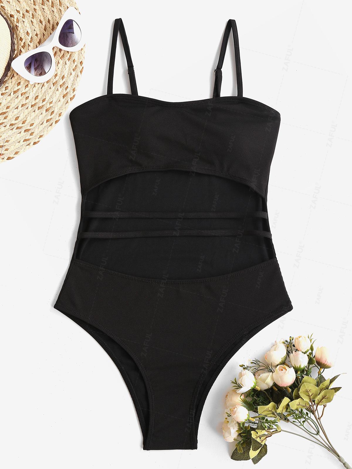 

ZAFUL Слитный купальник с вырезами и ребристыми бретельками XL чёрный