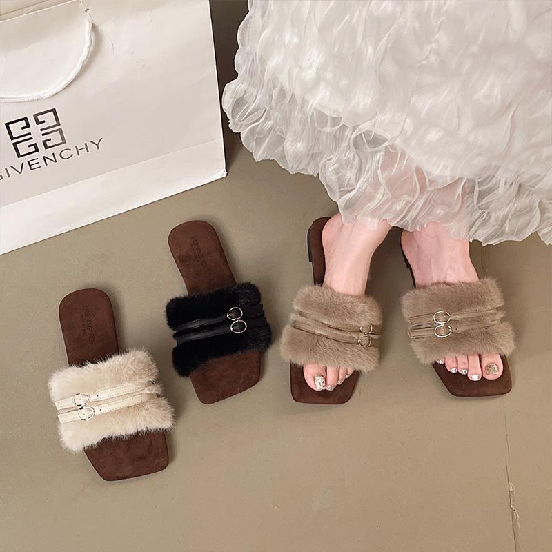 2025 Winter New One-word Drag Rubber and Casual Fashion Comfortable Wear-resistant Half Slippers Versatile Outer Wear Suede