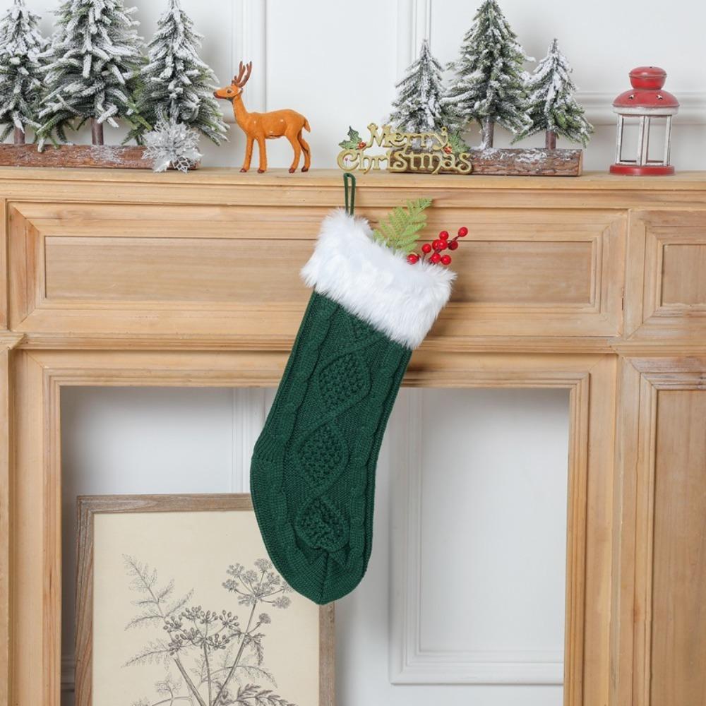Large Size Knitted Christmas Stocking With Fluff Christmas Tree Ornaments Christmas Gift Bag  Kids