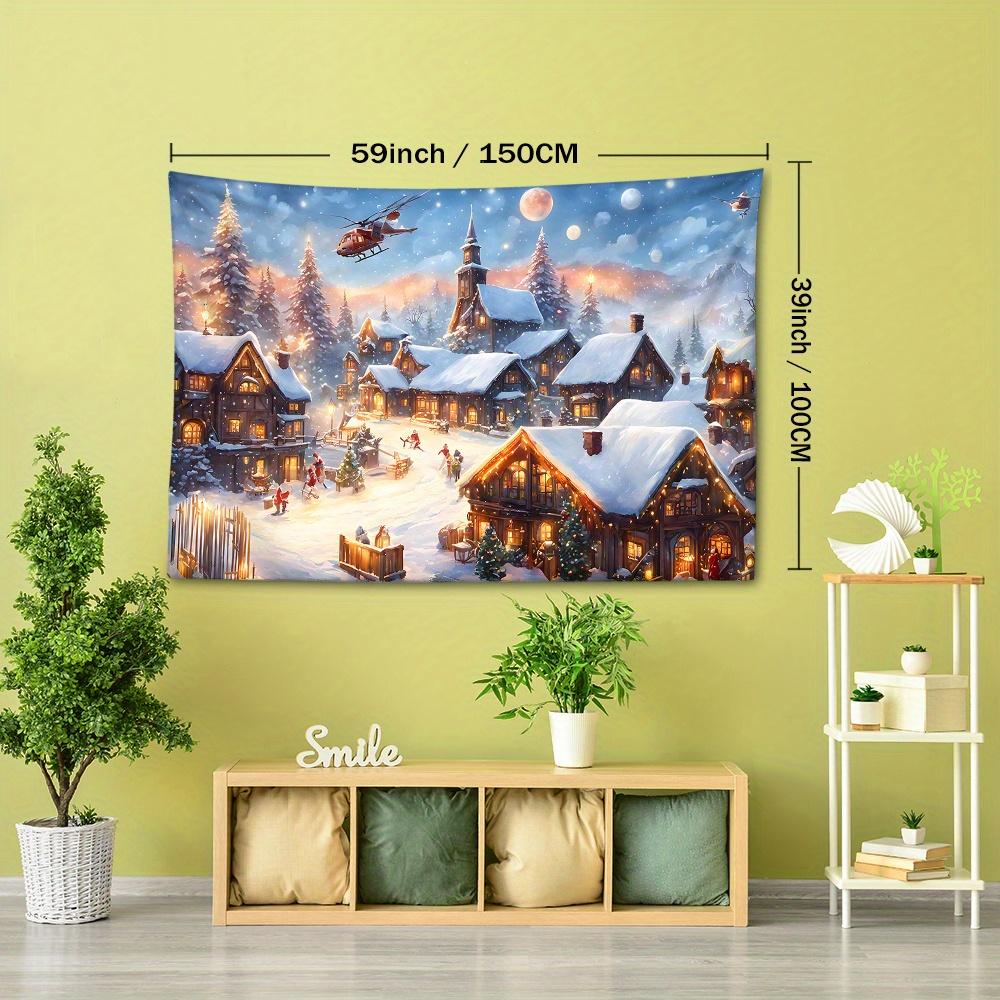 Christmas Village Scene Tapestry – Woven Polyester Fabric Wall Hanging, 90g Brushed Fabric, Animal Theme Graphic Tapestry, Portrait Orientation, No E