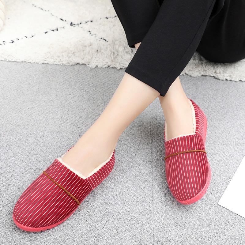 New striped round head low top, comfortable to wear outside, winter velvet soft sole flat heel casual warm women's cotton shoes
