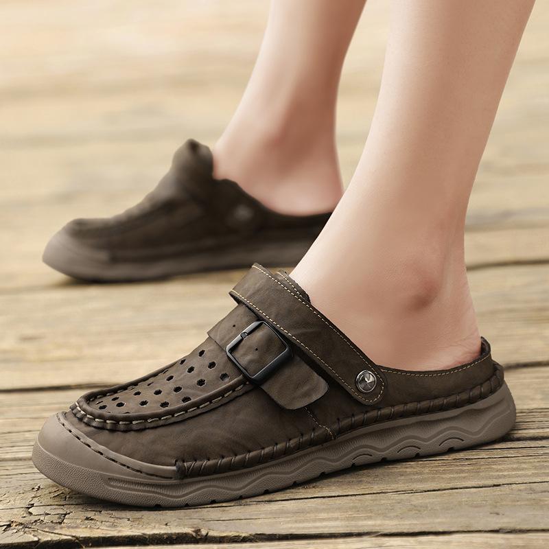 Sports Beach Shoes Men's Outdoor Soft Soled Leather Sandals Men's Solid Color Fashion Designer Shoes Men's Versatile Slippers