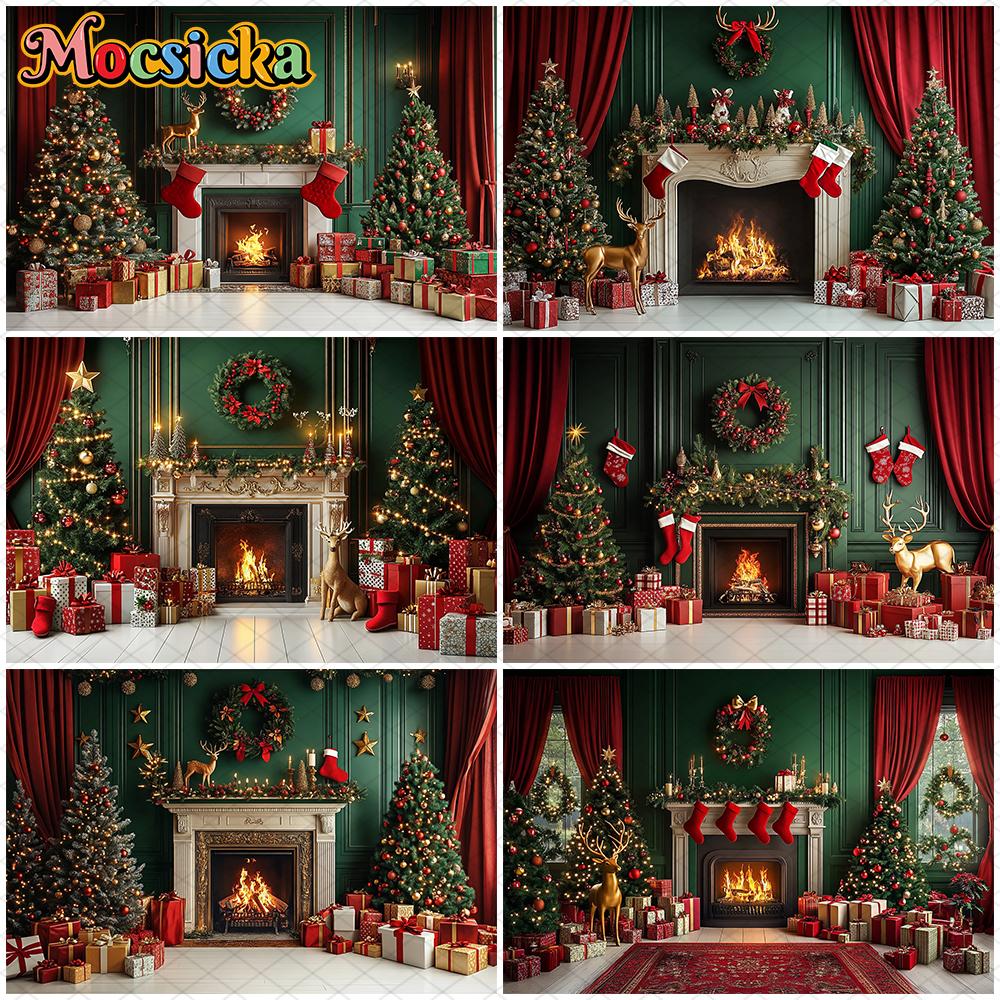 Mocsicka Christmas Photography Background Home Decoration Family Photo Backdrop Room Xmas Tree Fireplace Pattern Shooting Banner