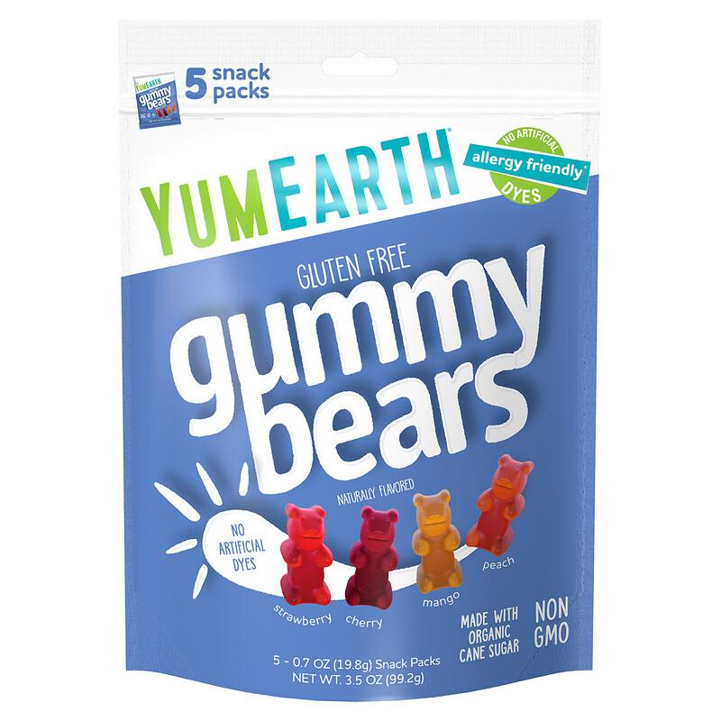 Rworld Wellness Peach Gluten Free Gummy Bears, Strawberry, Cherry, Mango, 5 Snack Packs, 0.7 Oz (19.8 G) Each