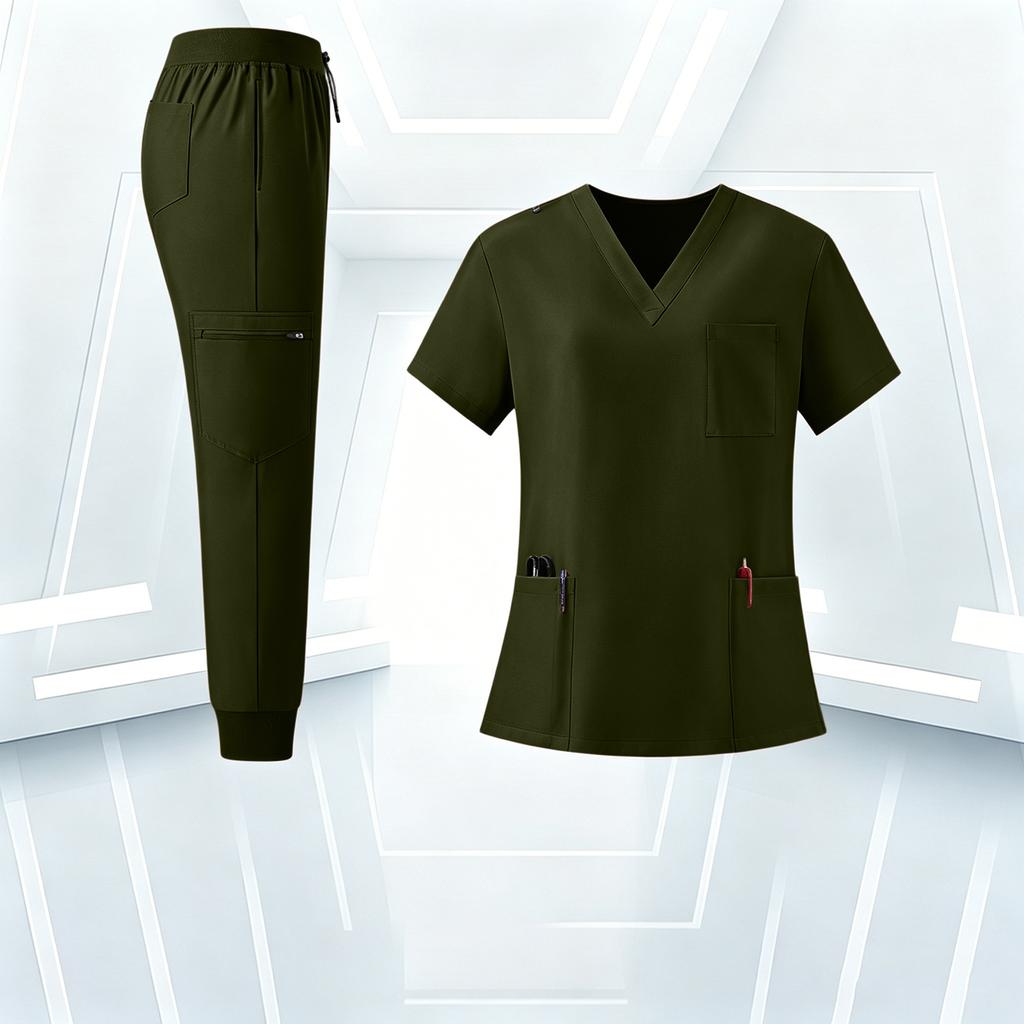 Women's Uniform Set with V-Neck and Pockets, Short Sleeve Scrub Top and Pant Set, Quick-Dry Color Uniform for Work