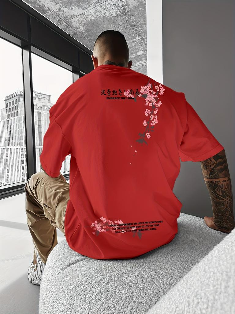 Japanese Cherry Blossom Kanji Print 100 Cotton Men Woment Tshirt Summer Autumn Daily Outdoor Sports Casual Street Short Sleeve