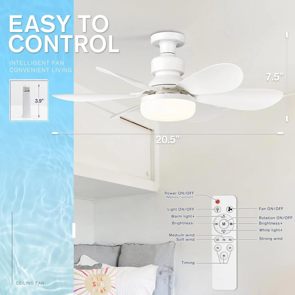 Ceiling Fan Light, Screw In Small Ceiling Fan with Remote, 3 Wind Speed, Dimmable LED, 3000-6500K,6 White Blades, 20.5 Inch
