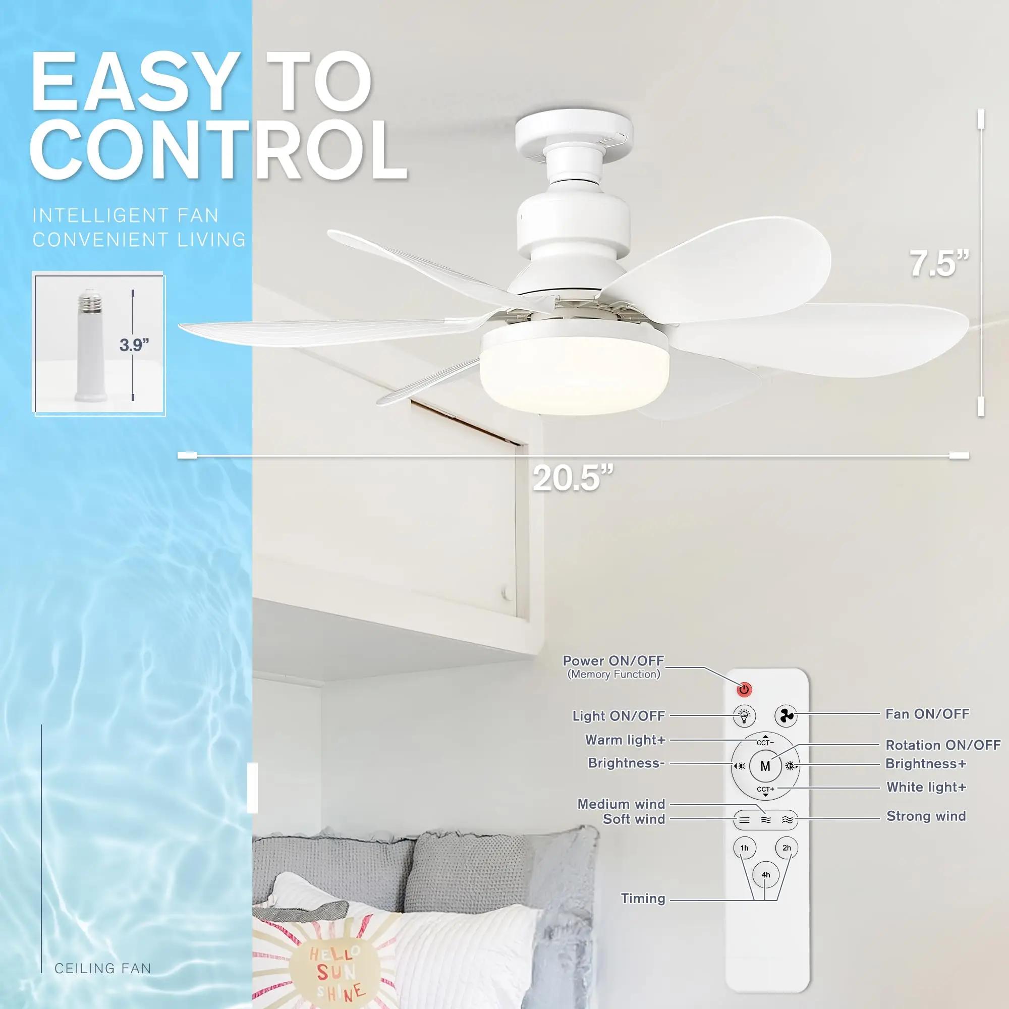 

Ceiling Fan Light, Screw in Small Ceiling Fan with Remote, 3 Wind Speed, Dimmable LED, 3000-6500K,6 White Blades, 20.5 Inch 40W