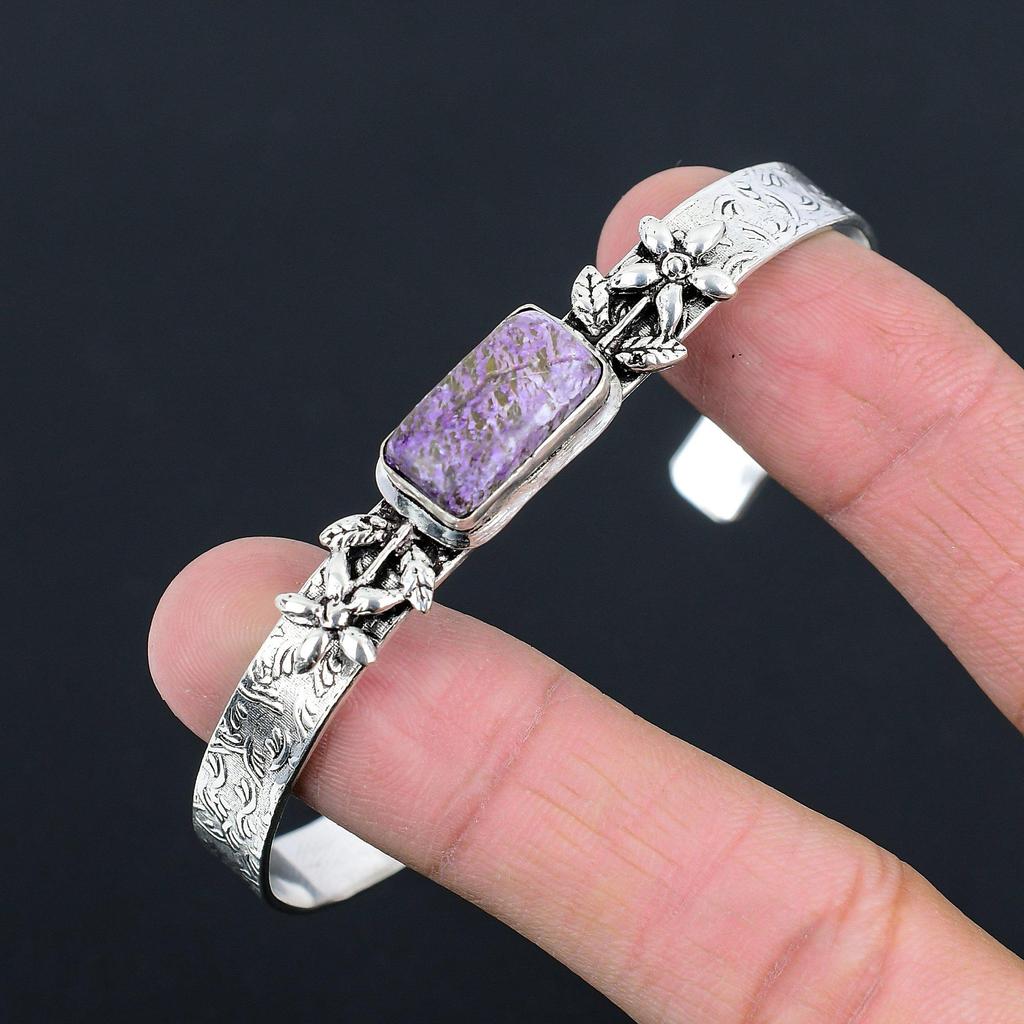 925 Silver Radiant Purpurite Gemstone Handcrafted Flower Mother Bangle Bracelet