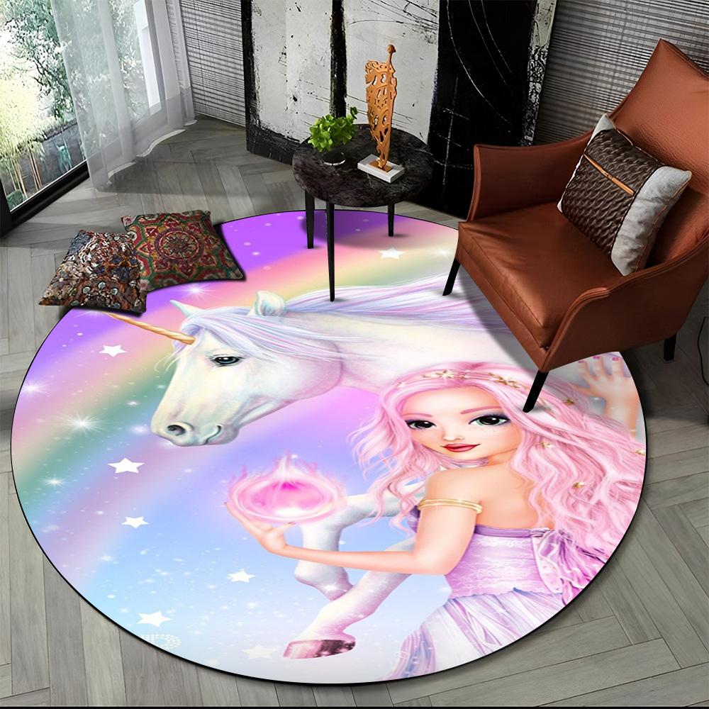 Unicorn Cartoon Animal Round Carpet Rug for Living Room Children's Bedroom Sofa Decor,Kid Paly Game Area Rug Non-slip Floor Mat