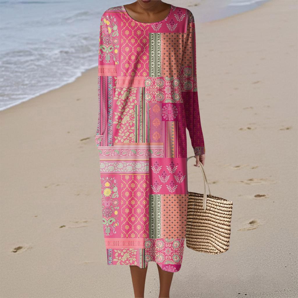 Women's Fashion Casual Retro Print Round Neck Pocket Elegant Temperament Dress