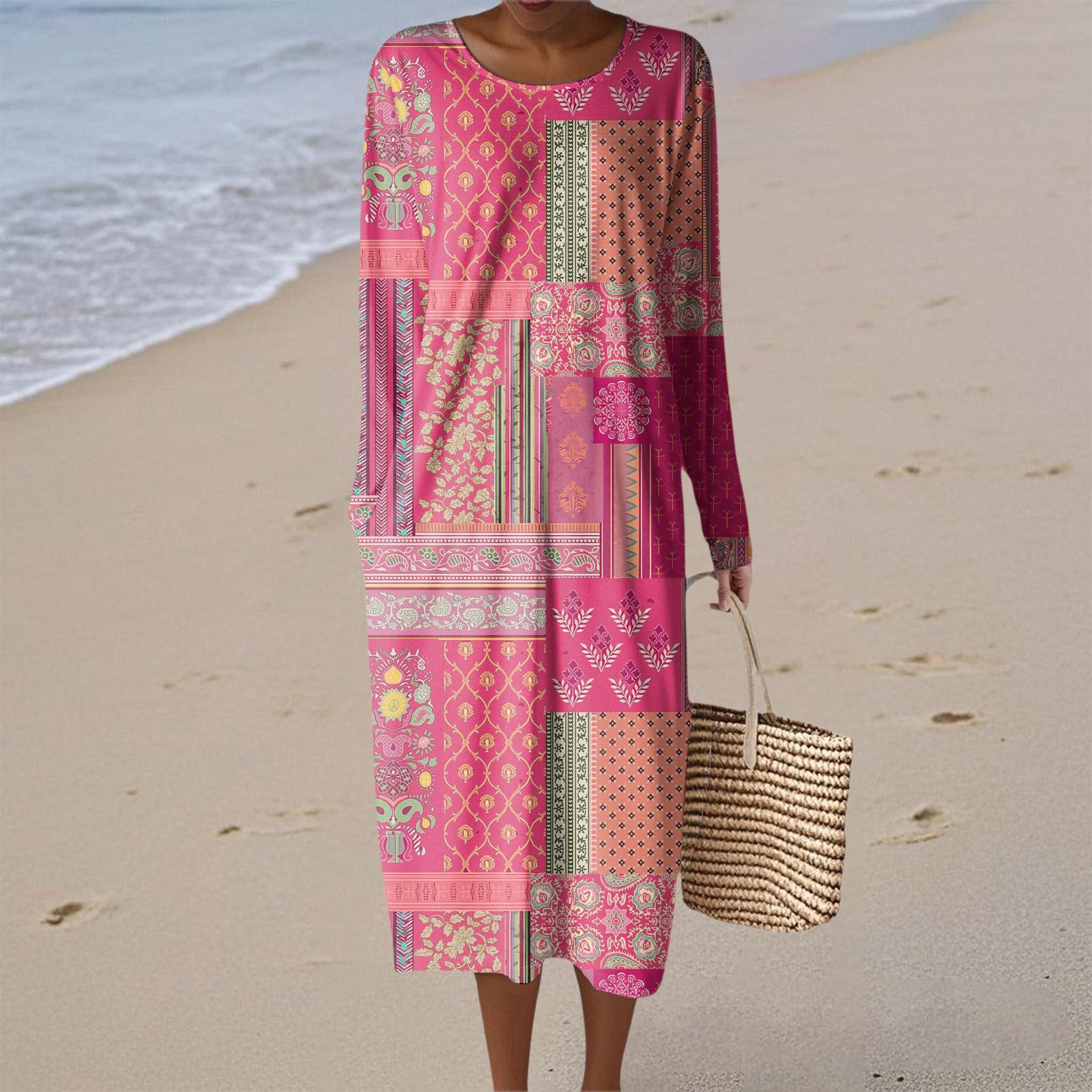 

Women s Fashion Casual Retro Print Round Neck Pocket Elegant Temperament Dress M красный