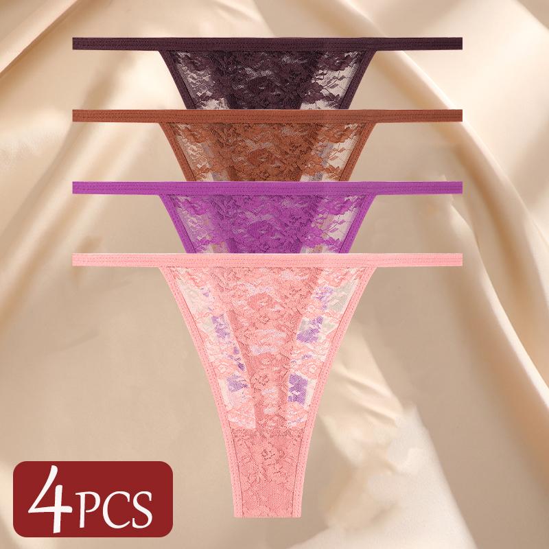 4Pcs/Set Sexy Lace Panties Women Elastic Hollow Out Transparent G-string Thong Female Lace Underpants Perspective Sexy Intimates