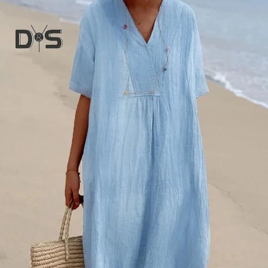 Summer Women Dress V Neck Short Sleeves A-line Solid Color Big Hem Loose Pullover Casual Daily Wear Midi Dress Dating Commuting Long Dress