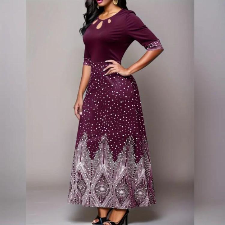 Elegantní dámské šaty s květinovým potiskem na párty a banket, poloviční rukáv, kulatý výstřih, vykrojené oblečení