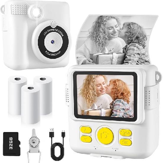Instant Print Camera for Kids with 3 Rolls of Printer Paper, 1080P Toddler Digital Camera Toys for Age 3-12 with 32GB SD Card, Christmas & Birthday