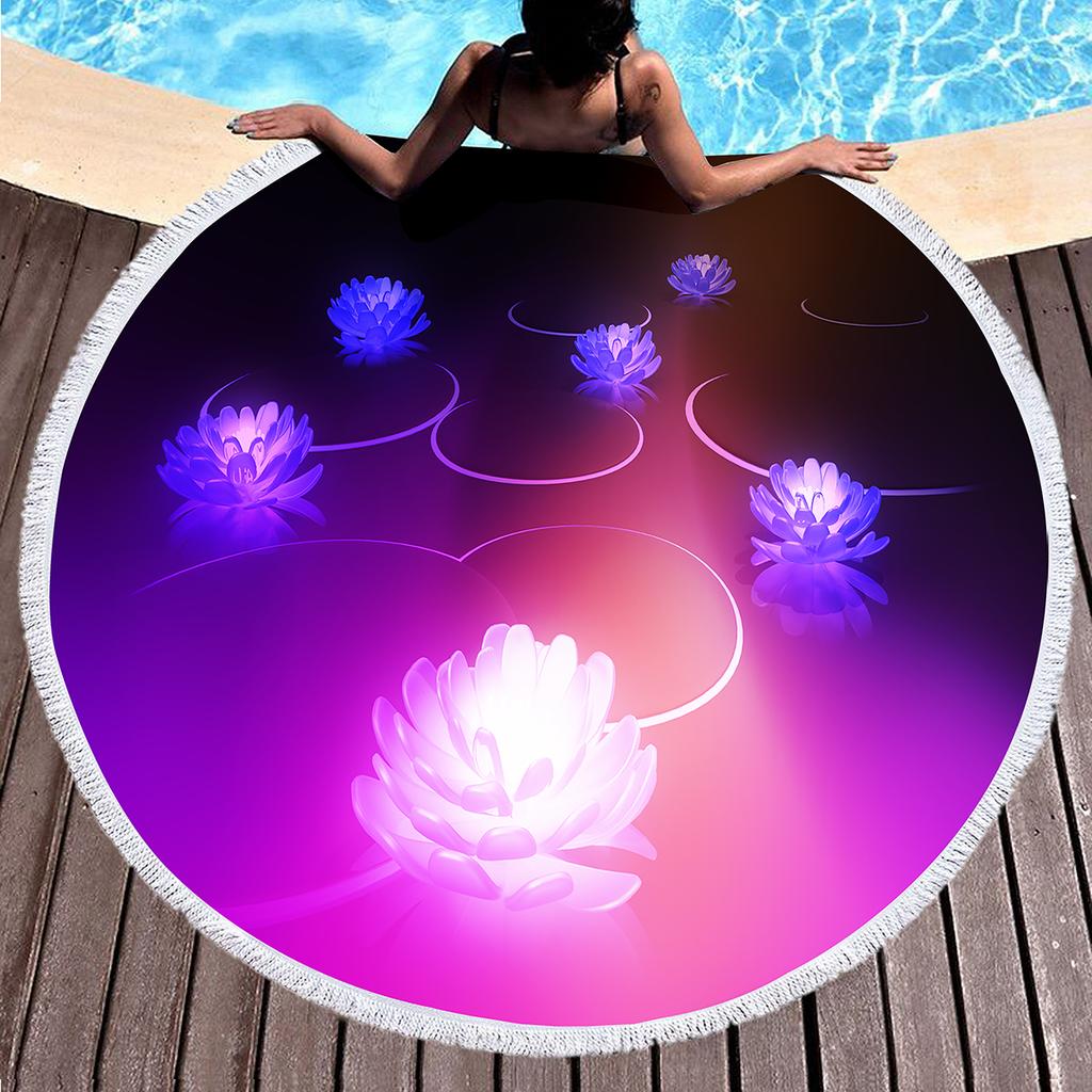 Lotus Pattern Round Beach Blanket, Microfiber Quick Dry Towel with Tassels for Picnic Bathroom Pool Surfing Outdoor Meditation