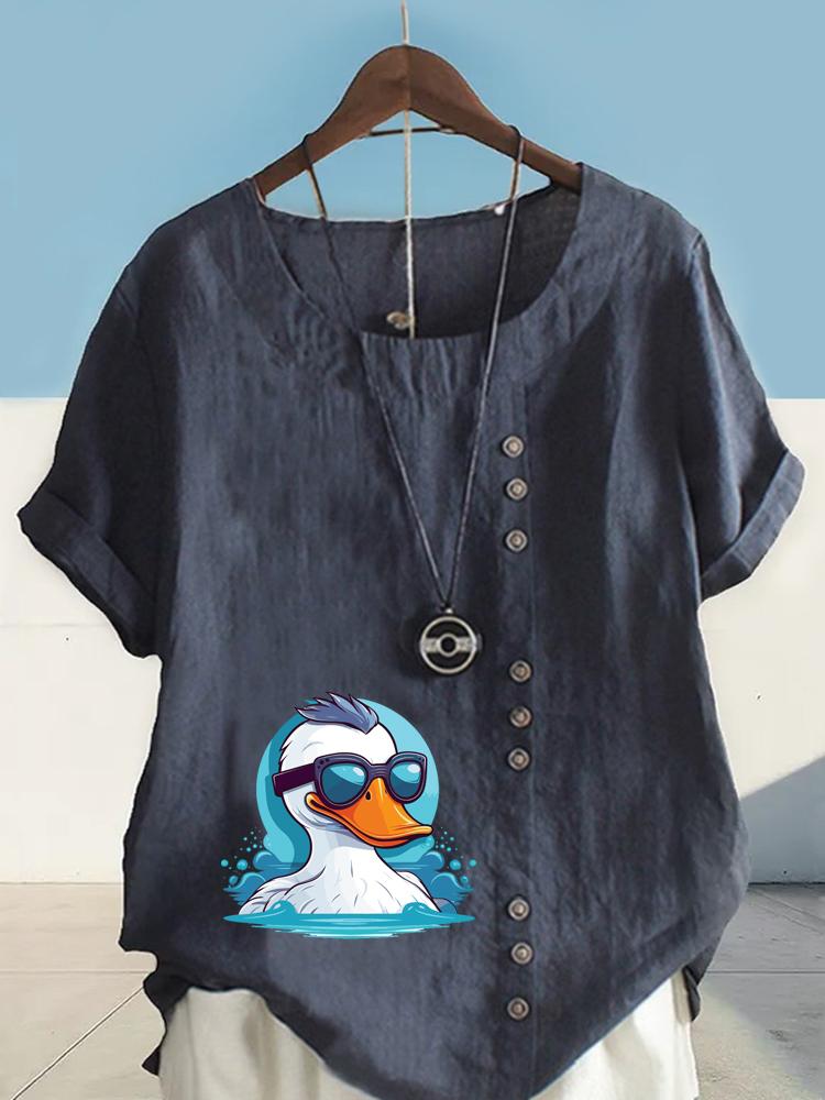 Women's Fashion Cool White Duck Print Casual Cotton Linen Short Sleeve Round Neck T-shirt Shirt Leisure Loose Summer Blouse Tops