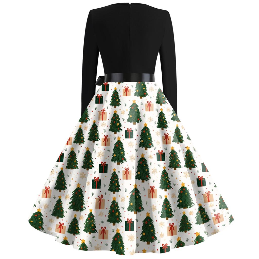 Women's Casual Fashion Christmas Print V-Neck Vintage Dress for Holiday Gatherings